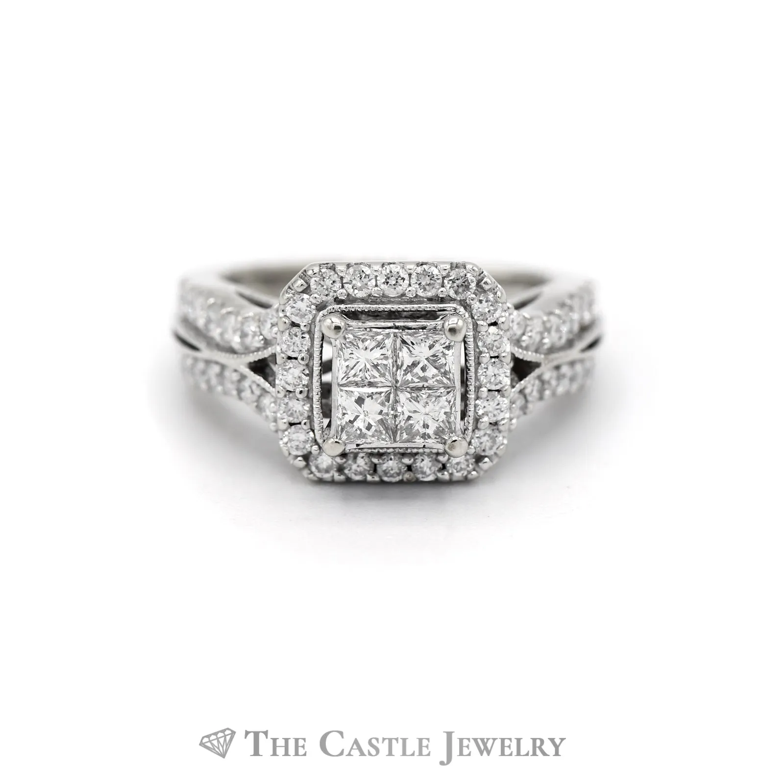 1CTTW Invis Set Bridal Ring with Round Diamond Center & Square Diamond Halo in 14KT White Gold