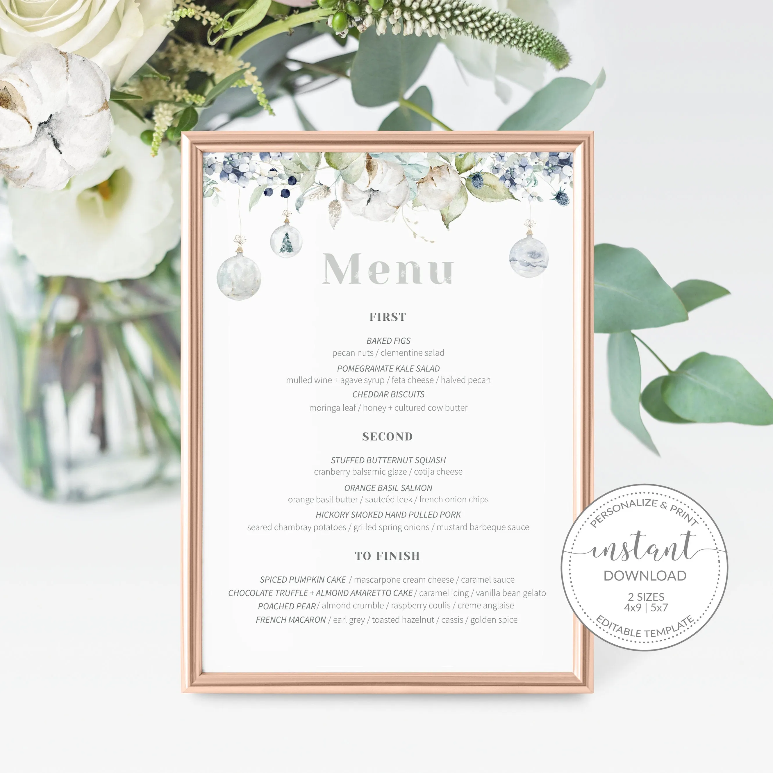 Christmas Wedding Menu Template, Printable Pastel Winter Menu Card, Editable INSTANT DOWNLOAD - AW100