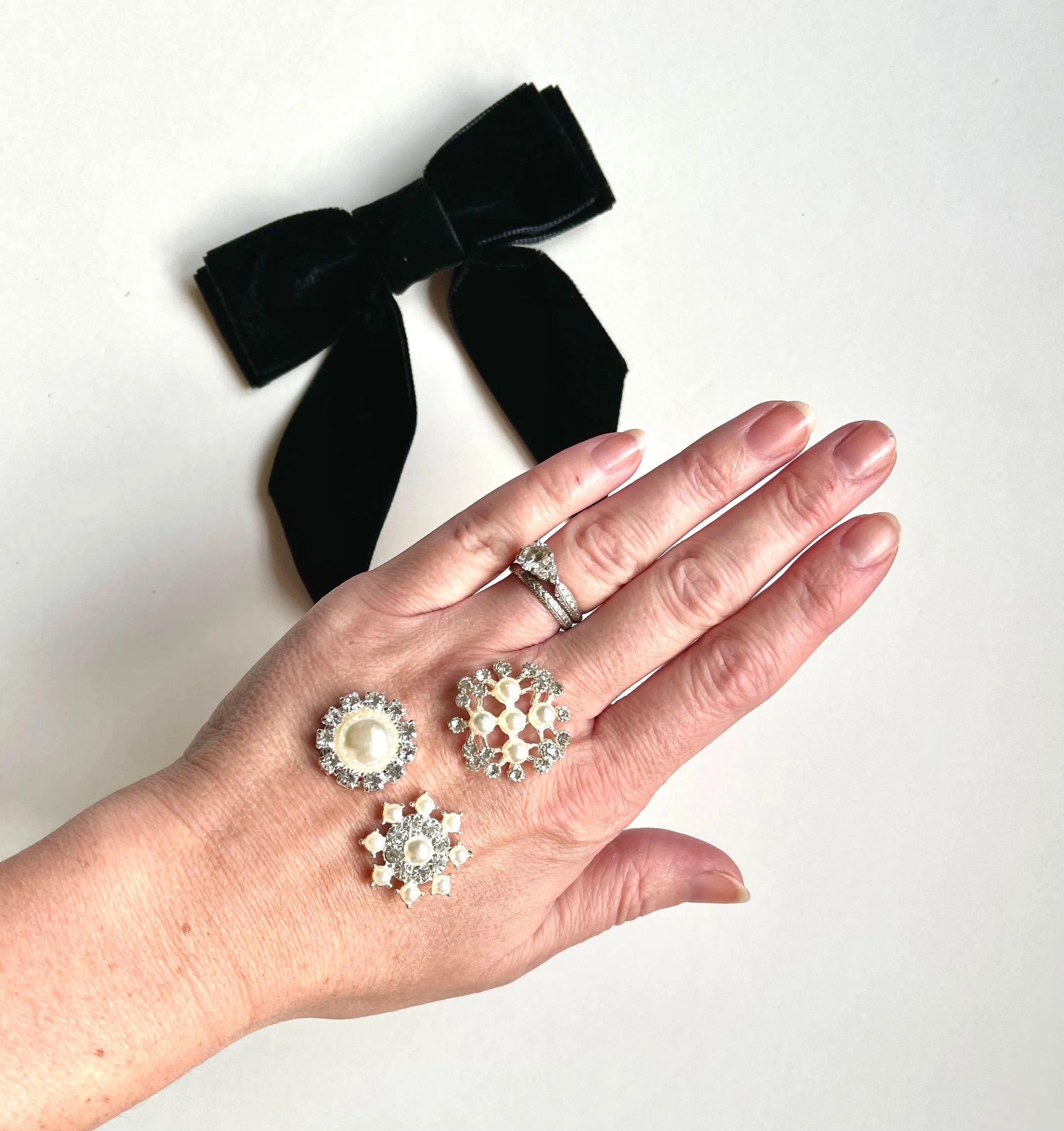 Glam Crystal Bow | Petite Oversize Short Bow | Velvet Bow with Tails | Pearl Hair Piece | Made to Order