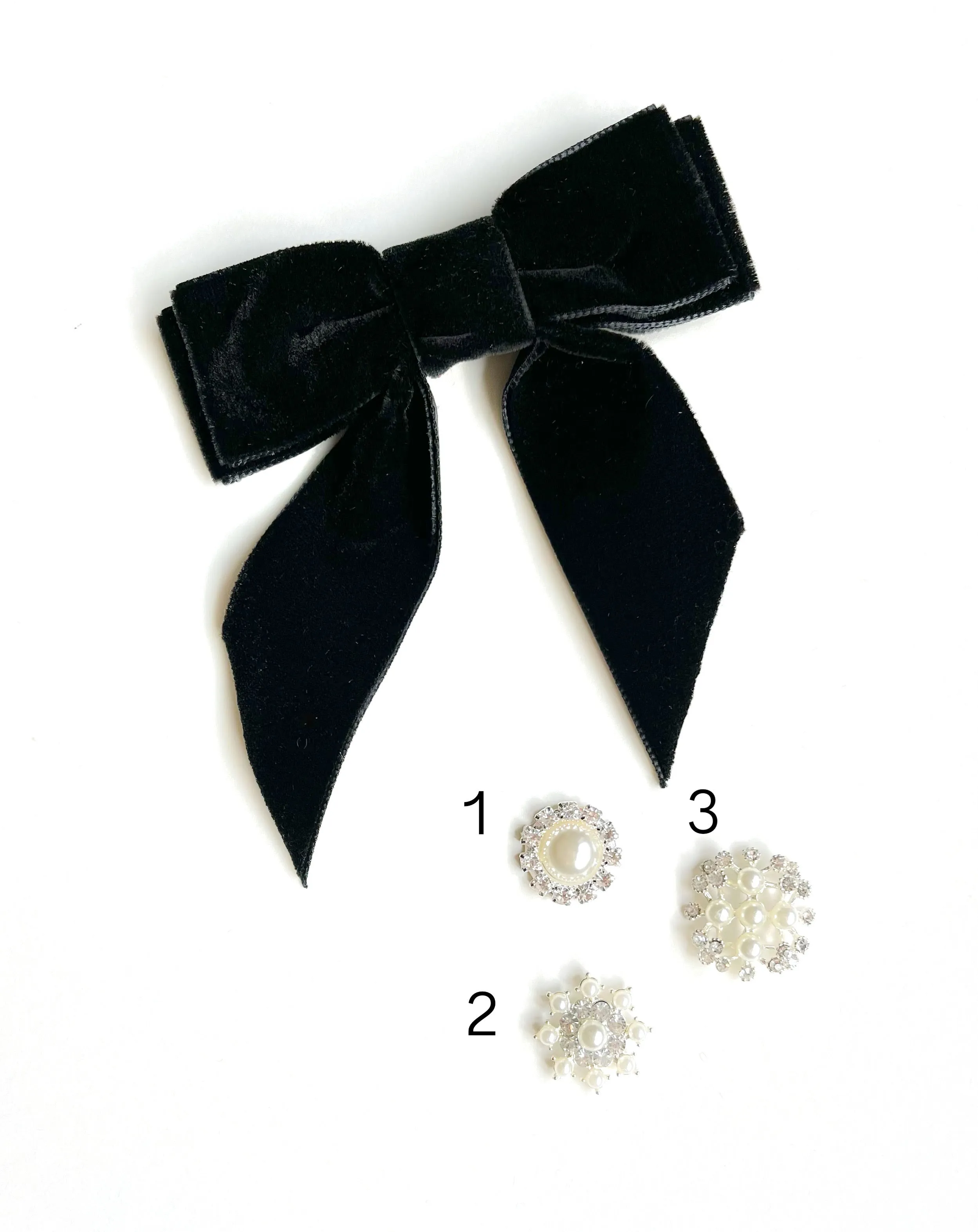 Glam Crystal Bow | Petite Oversize Short Bow | Velvet Bow with Tails | Pearl Hair Piece | Made to Order